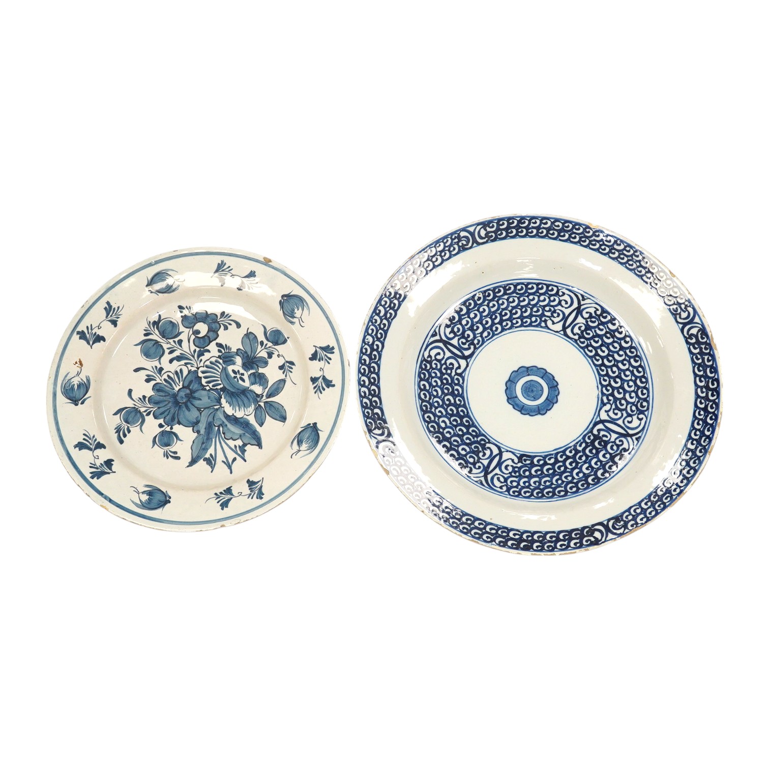 Two 18th century Delft pottery dishes, 36.5cm diameter. Condition - fair